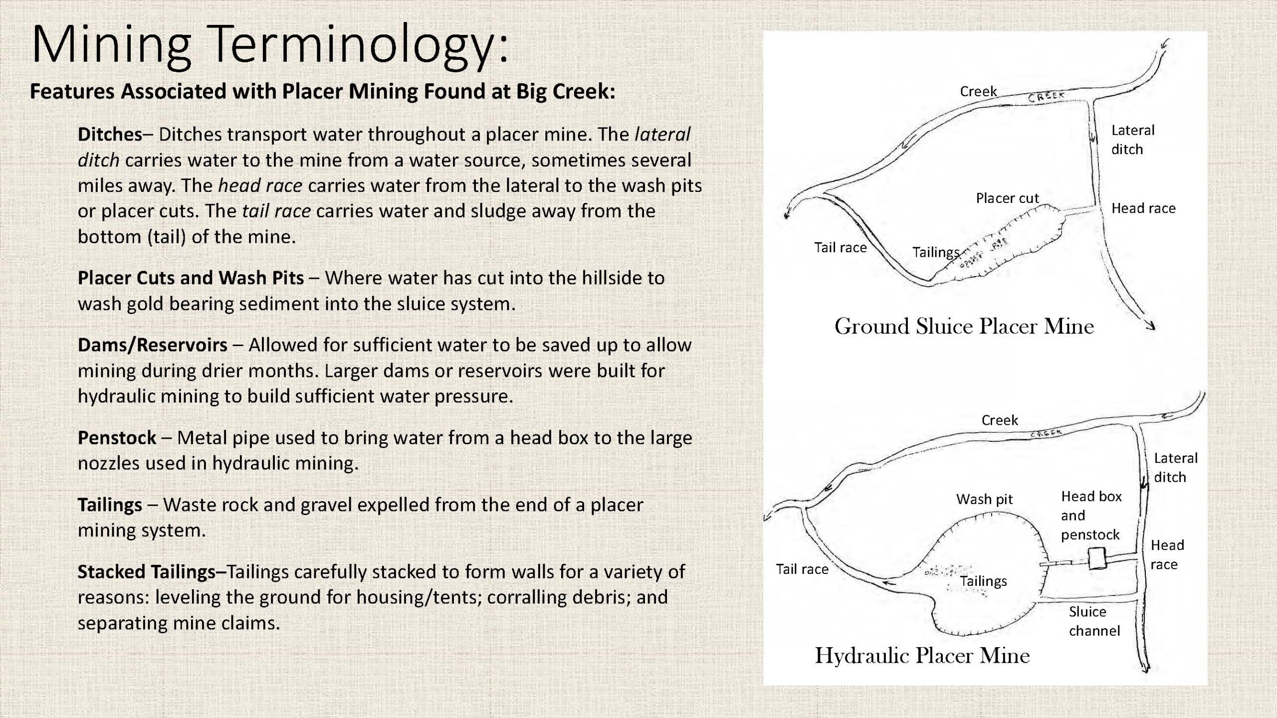 Mining Terminology: Features Associated with Placer Mining Found at Big Creek
