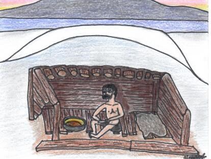 Drawing of a man cooking in a wooden shelter by Alyssia Flynn
