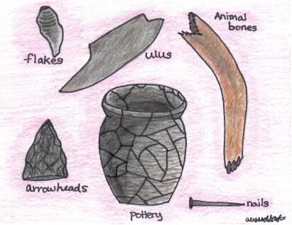 Drawing of artifacts: flakes, ulus, pottery, animal bones, etc. by Alyssia Flynn