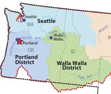 A map of Oregon, Washington and Idaho showing the area that the Portland district of the U.S. Army Corps of Engineers serves.