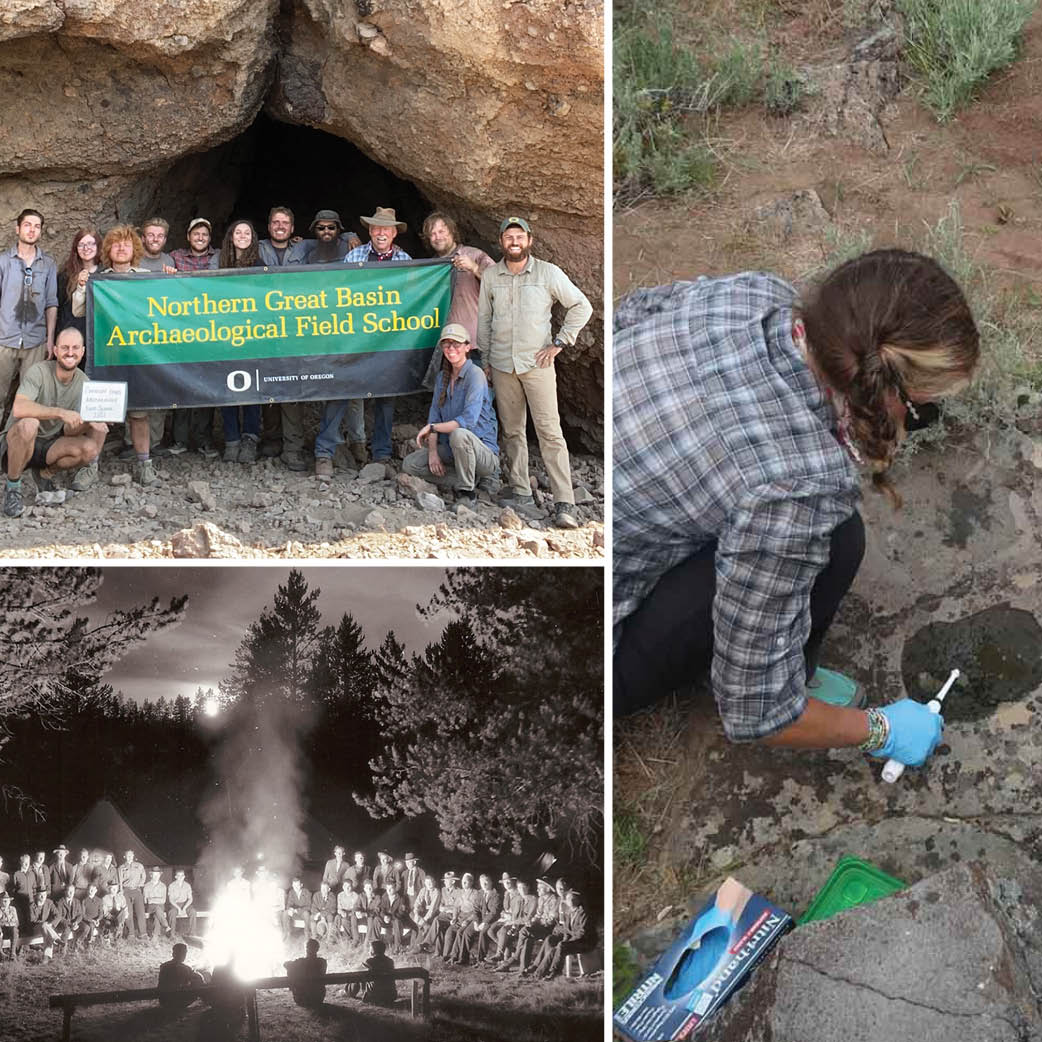 a collage of images - a group stands outside a can holding a banner that reads 'Northern Great Basin Archaeological Field School'. A black and white image of a large group around a campfire at night. A woman collects data from a rock outcropping.