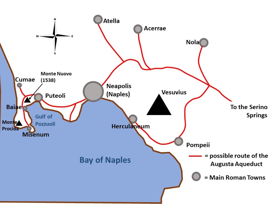 A map of the Bay of Naples area of Italy showing possible routes of Roman aqueducts