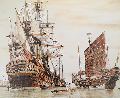 a drawing of two large Spanish Galleon ships
