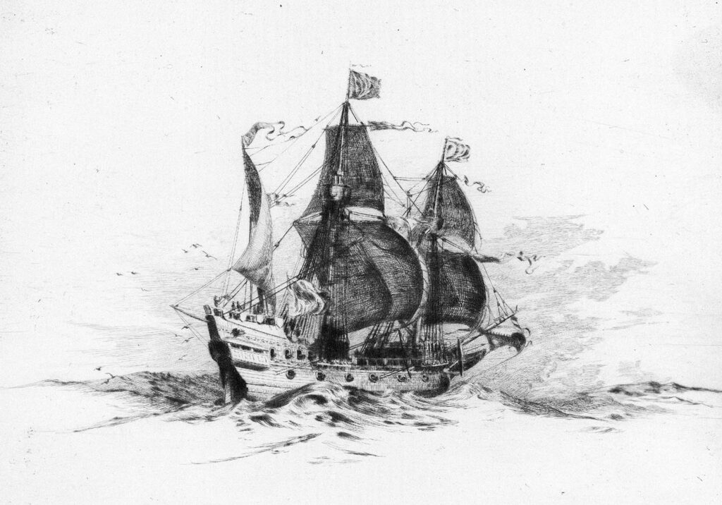 a black and white etching of a large sailing ship