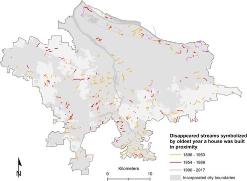 This map shows the same disappeared streams symbolized by the construction year of the oldest house near each former stream.