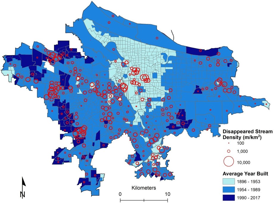 This map shows the density of disappeared streams per census block group.