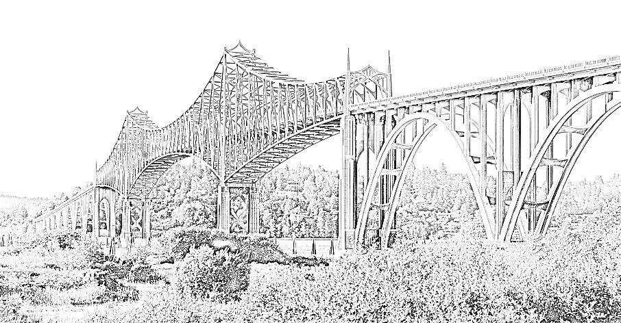 black and white sketch of the Conde McCullough Memorial Bridge, Coos County (Coos Bay) image by Oregon's Adventure Coast