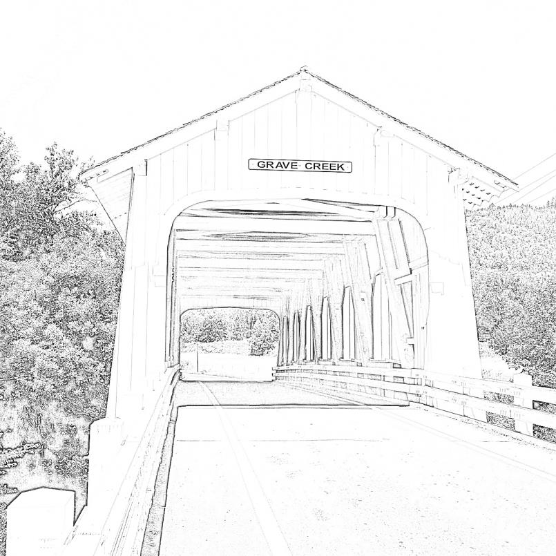 black and white sketch of Grave Creek Bridge, Josephine County (Wolf Creek) licensed by Adobe Stock