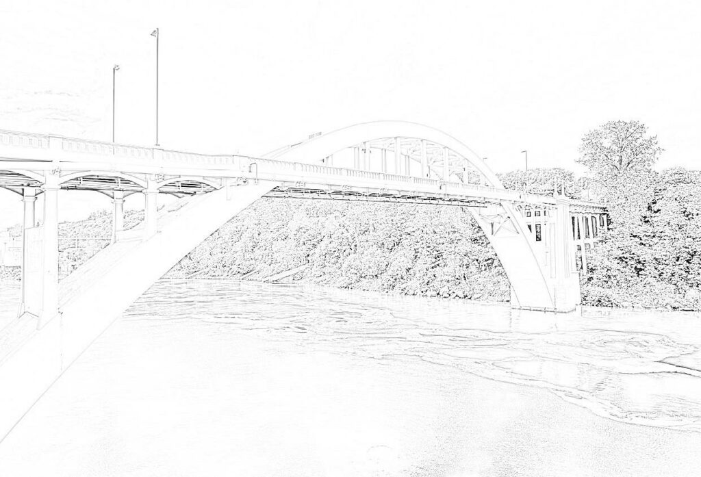 black and white sketch of Oregon City Bridge